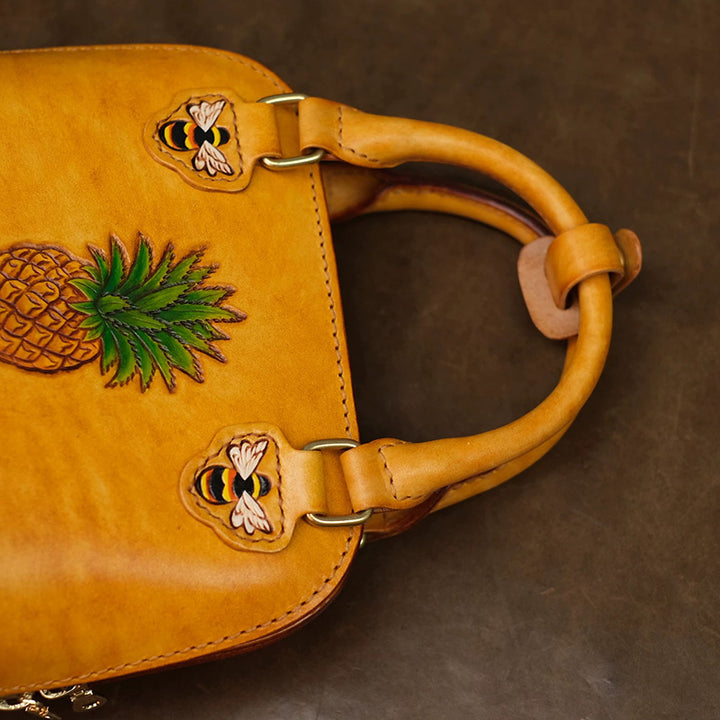 Dome Bag in Vegetable-Tanned Leather with Pineapple &amp; Bee Motifs and Braided Strap