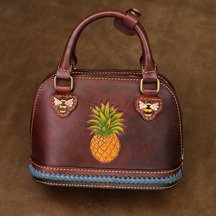 Dome Bag in Vegetable-Tanned Leather with Pineapple &amp; Bee Motifs and Braided Strap