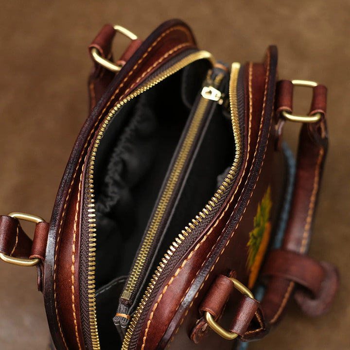 Dome Bag in Vegetable-Tanned Leather with Pineapple &amp; Bee Motifs and Braided Strap