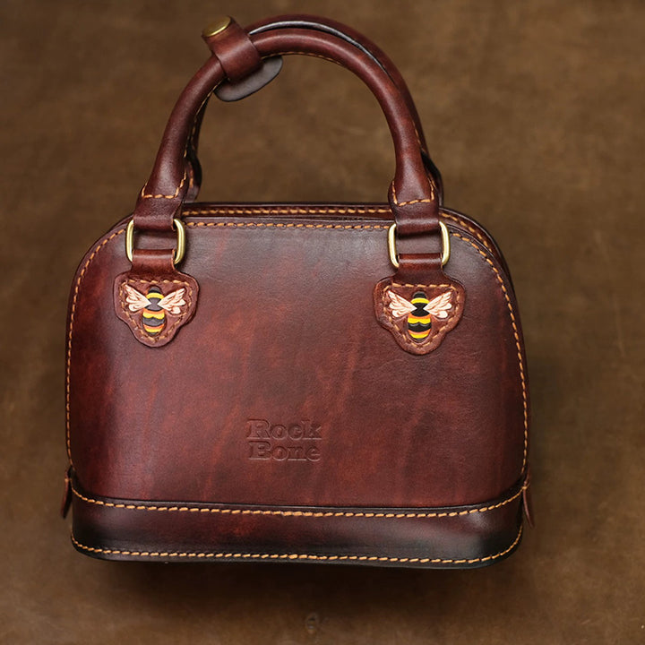 Dome Bag in Vegetable-Tanned Leather with Pineapple &amp; Bee Motifs and Braided Strap