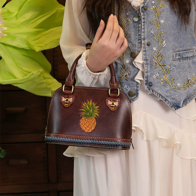 Dome Bag in Vegetable-Tanned Leather with Pineapple &amp; Bee Motifs and Braided Strap