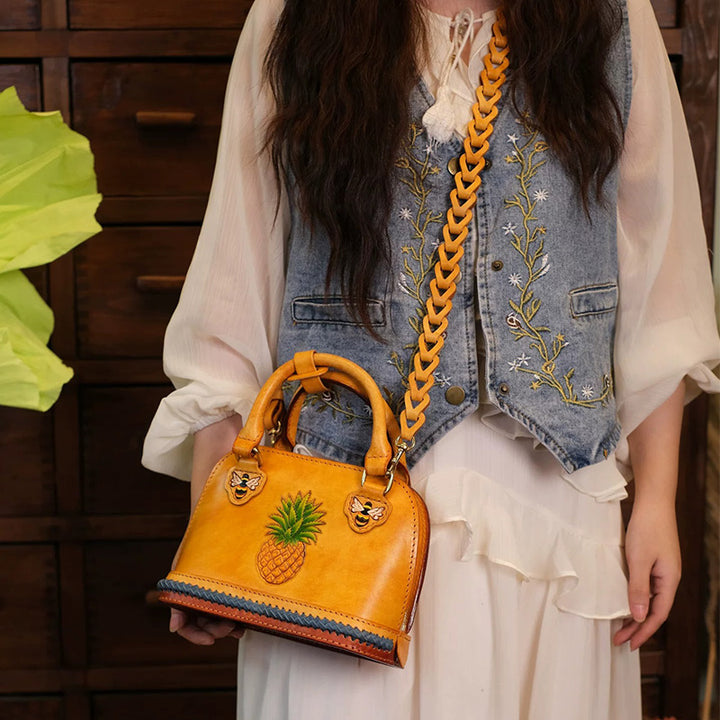 Dome Bag in Vegetable-Tanned Leather with Pineapple &amp; Bee Motifs and Braided Strap