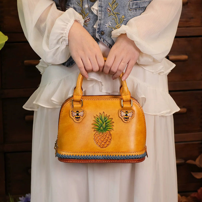 Dome Bag in Vegetable-Tanned Leather with Pineapple &amp; Bee Motifs and Braided Strap