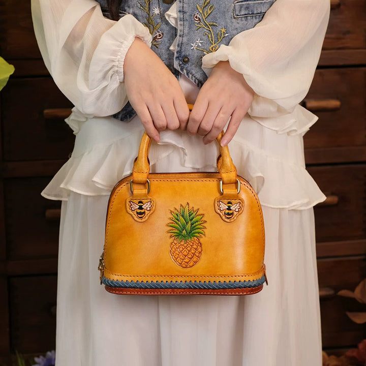 Dome Bag in Vegetable-Tanned Leather with Pineapple &amp; Bee Motifs and Braided Strap