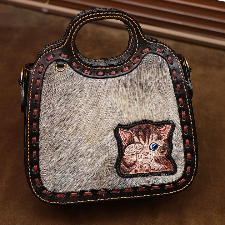 Horsehair &amp; Leather Top Handle Bag with Hand-Carved Kitten