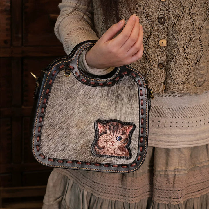 Horsehair &amp; Leather Top Handle Bag with Hand-Carved Kitten