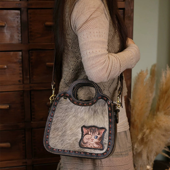 Horsehair &amp; Leather Top Handle Bag with Hand-Carved Kitten