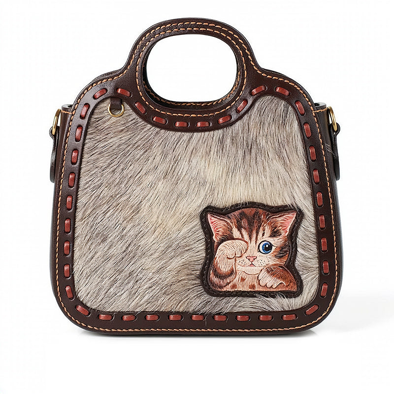 Horsehair &amp; Leather Top Handle Bag with Hand-Carved Kitten