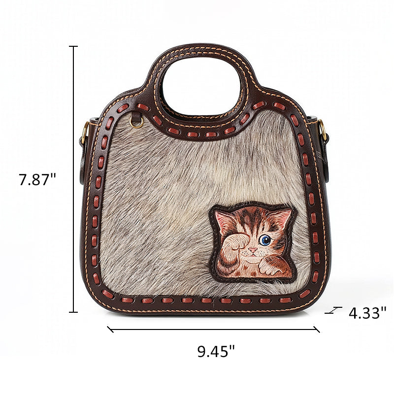 Horsehair &amp; Leather Top Handle Bag with Hand-Carved Kitten