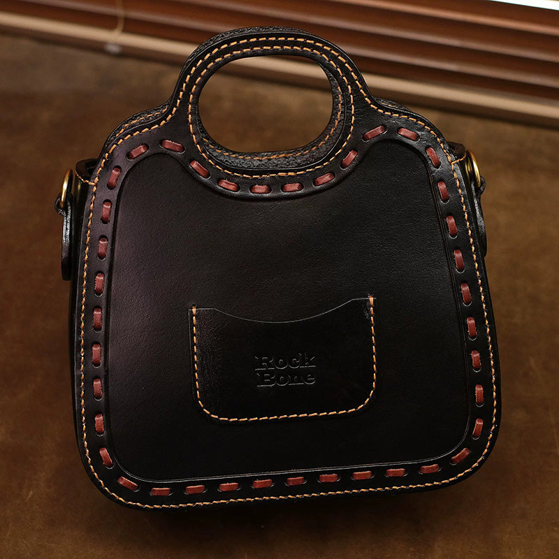 Horsehair &amp; Leather Top Handle Bag with Hand-Carved Kitten