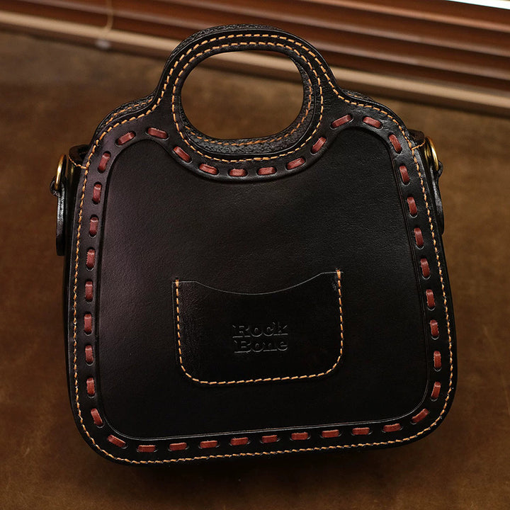Horsehair &amp; Leather Top Handle Bag with Hand-Carved Kitten