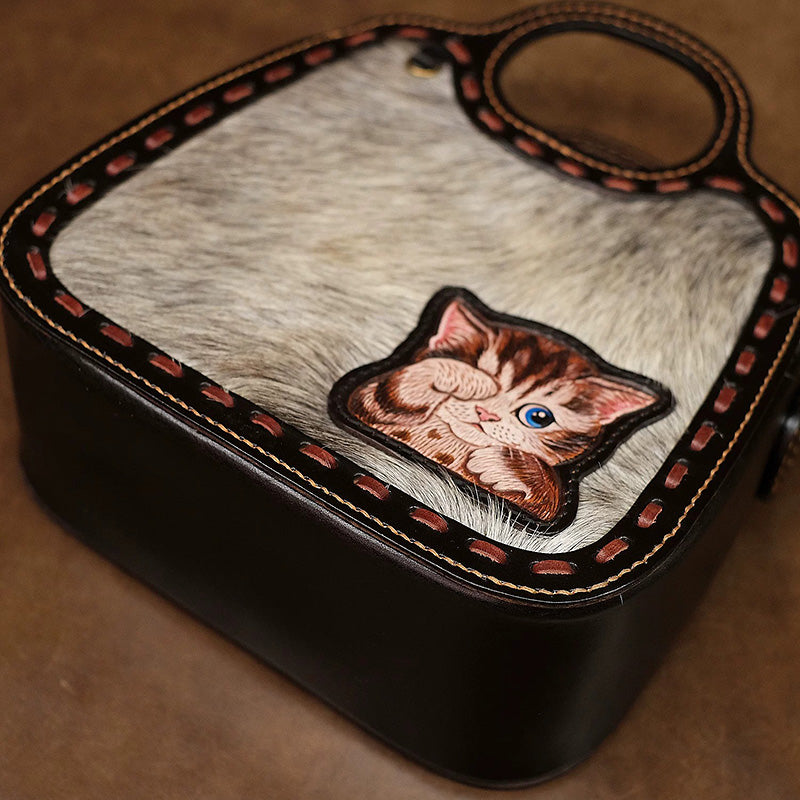 Horsehair &amp; Leather Top Handle Bag with Hand-Carved Kitten