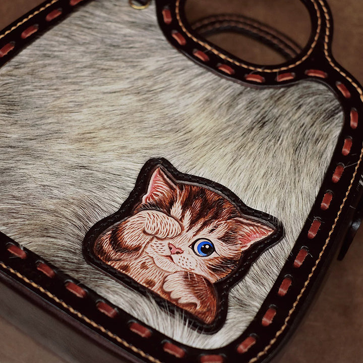 Horsehair &amp; Leather Top Handle Bag with Hand-Carved Kitten