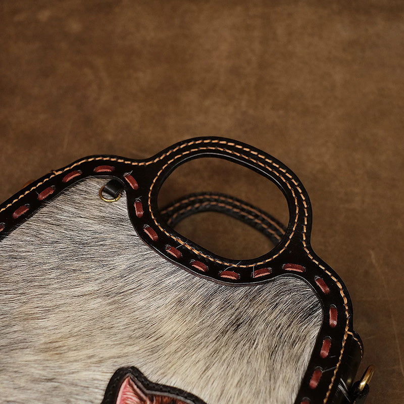 Horsehair &amp; Leather Top Handle Bag with Hand-Carved Kitten