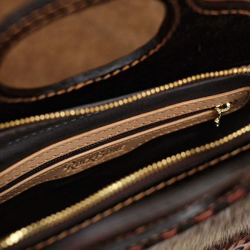 Horsehair &amp; Leather Top Handle Bag with Hand-Carved Kitten
