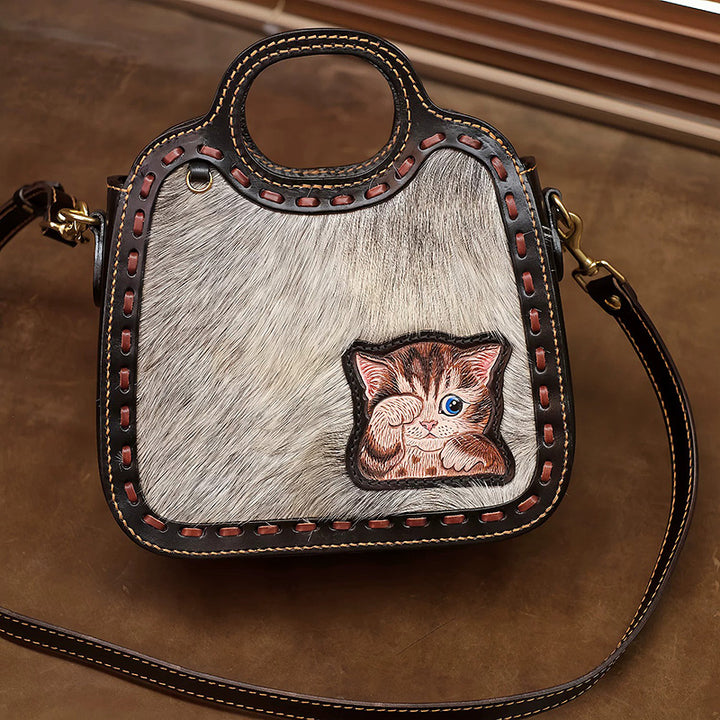 Horsehair &amp; Leather Top Handle Bag with Hand-Carved Kitten