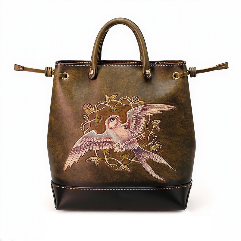 Hand-Tooled Leather Bucket Convertible Backpack with Bird &amp; Key Embossing