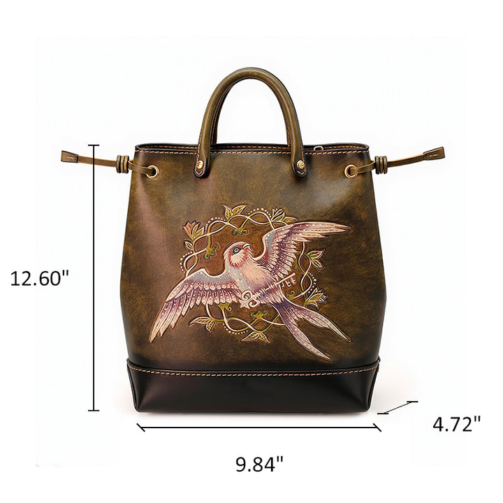 Hand-Tooled Leather Bucket Convertible Backpack with Bird &amp; Key Embossing