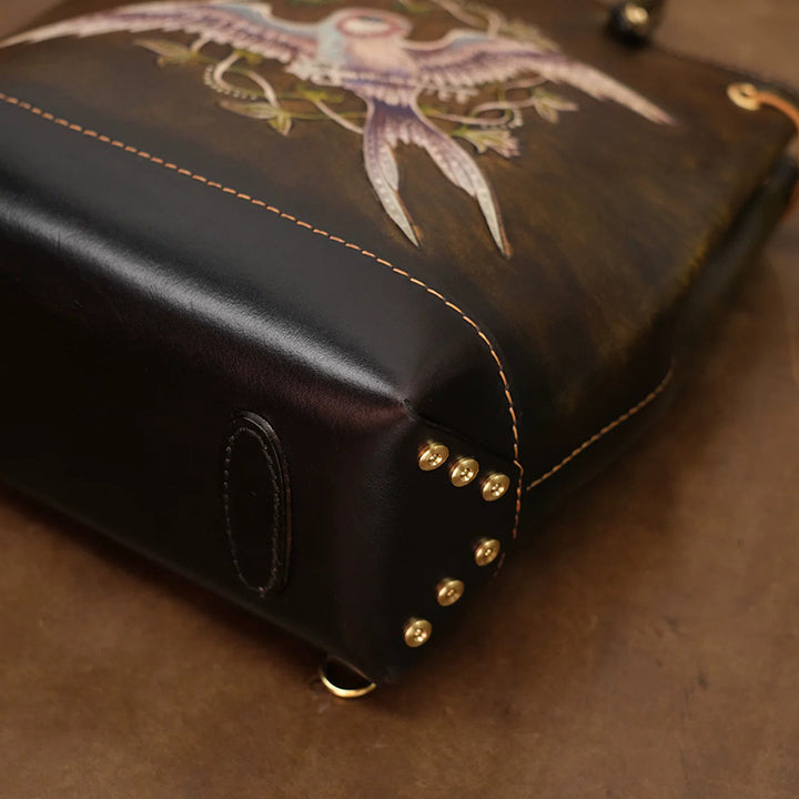 Hand-Tooled Leather Bucket Convertible Backpack with Bird &amp; Key Embossing
