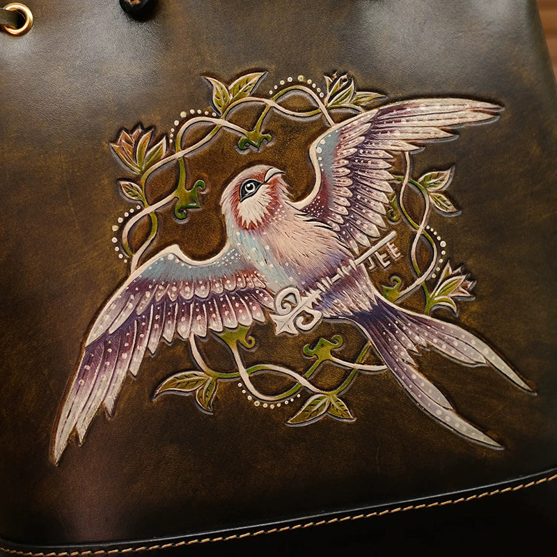 Hand-Tooled Leather Bucket Convertible Backpack with Bird &amp; Key Embossing