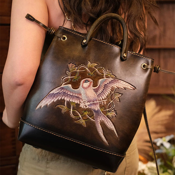 Hand-Tooled Leather Bucket Convertible Backpack with Bird &amp; Key Embossing