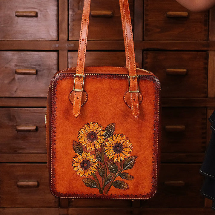 Hand-Tooled Leather Sunflower Tote Bag Honey Brown Shoulder Purse