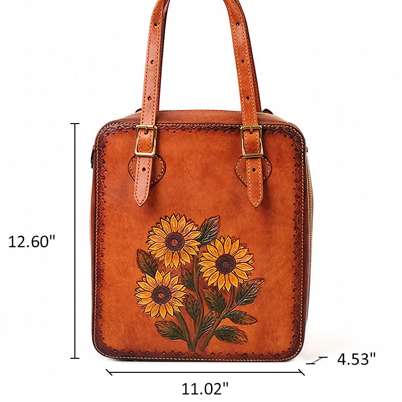 Hand-Tooled Leather Sunflower Tote Bag Honey Brown Shoulder Purse