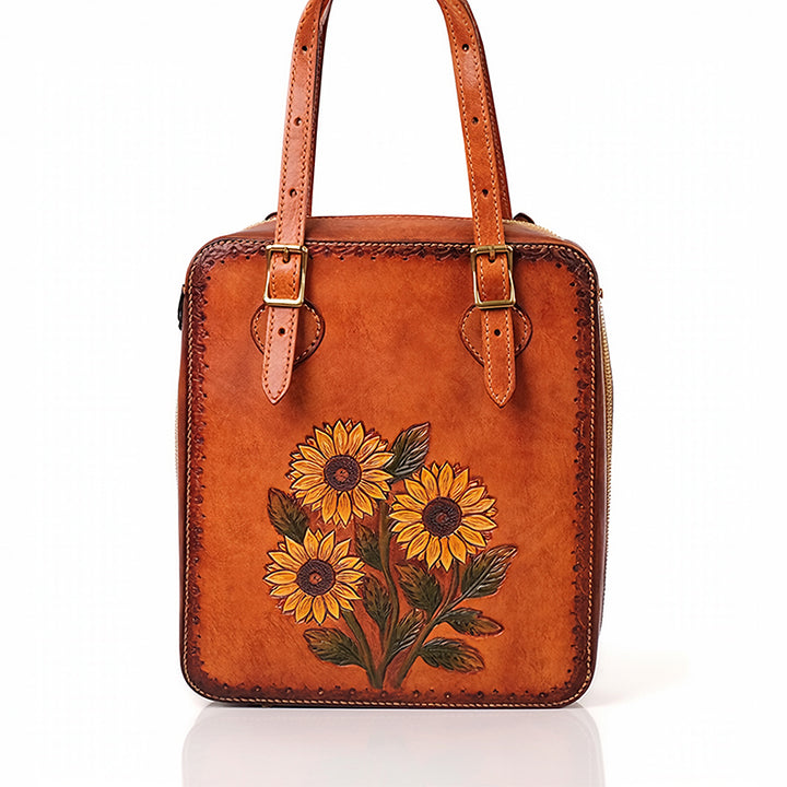 Hand-Tooled Leather Sunflower Tote Bag Honey Brown Shoulder Purse
