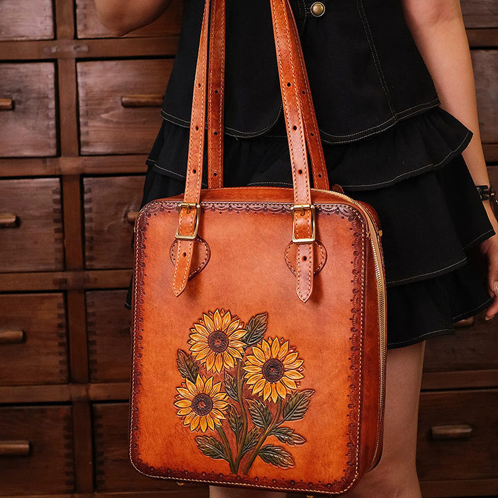 Hand-Tooled Leather Sunflower Tote Bag Honey Brown Shoulder Purse