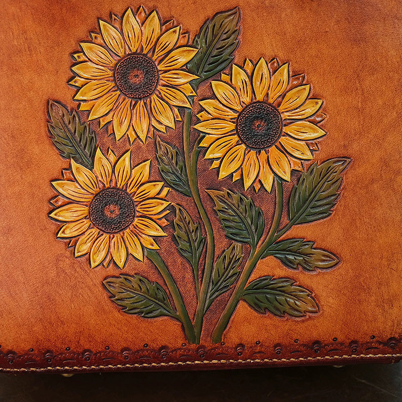 Hand-Tooled Leather Sunflower Tote Bag Honey Brown Shoulder Purse