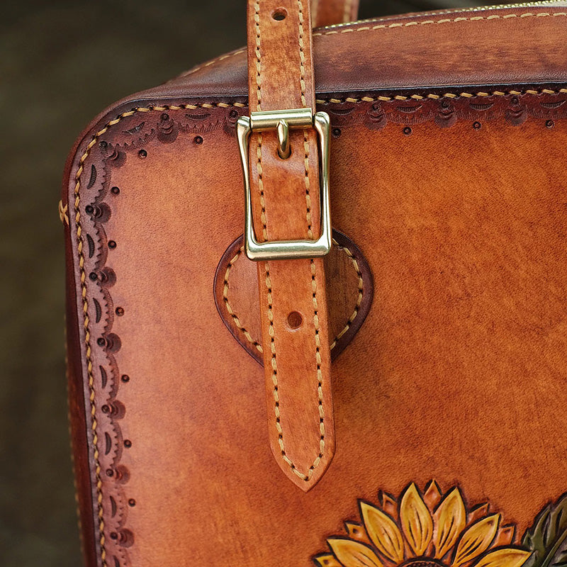 Hand-Tooled Leather Sunflower Tote Bag Honey Brown Shoulder Purse