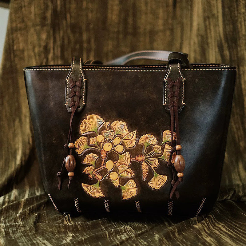 Hand-Tooled Leather Ginkgo Tote Bag Vintage Black Shoulder Purse
