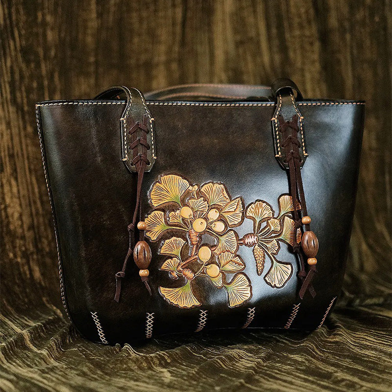 Hand-Tooled Leather Ginkgo Tote Bag Vintage Black Shoulder Purse