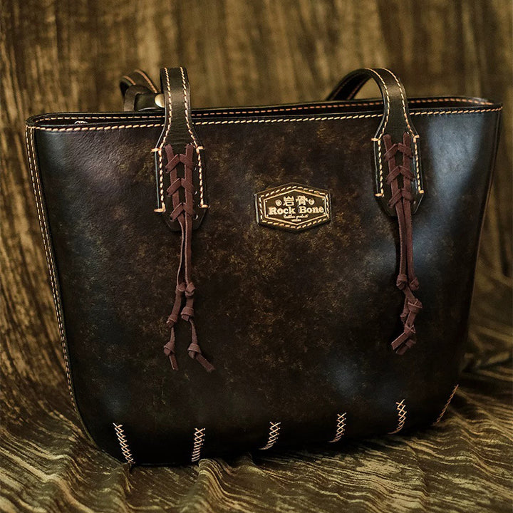 Hand-Tooled Leather Ginkgo Tote Bag Vintage Black Shoulder Purse