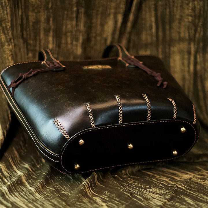 Hand-Tooled Leather Ginkgo Tote Bag Vintage Black Shoulder Purse