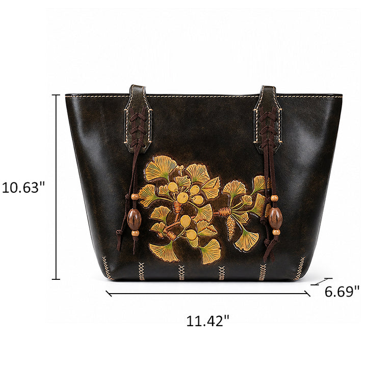 Hand-Tooled Leather Ginkgo Tote Bag Vintage Black Shoulder Purse
