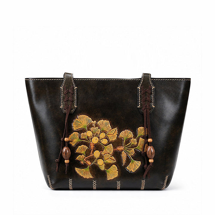 Hand-Tooled Leather Ginkgo Tote Bag Vintage Black Shoulder Purse