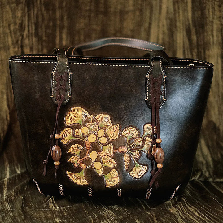 Hand-Tooled Leather Ginkgo Tote Bag Vintage Black Shoulder Purse