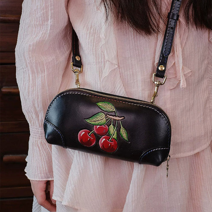 Hand-Tooled Cherry Leather Clutch Bag with Detachable Crossbody Strap