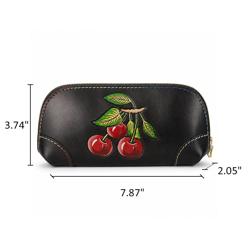 Hand-Tooled Cherry Leather Clutch Bag with Detachable Crossbody Strap