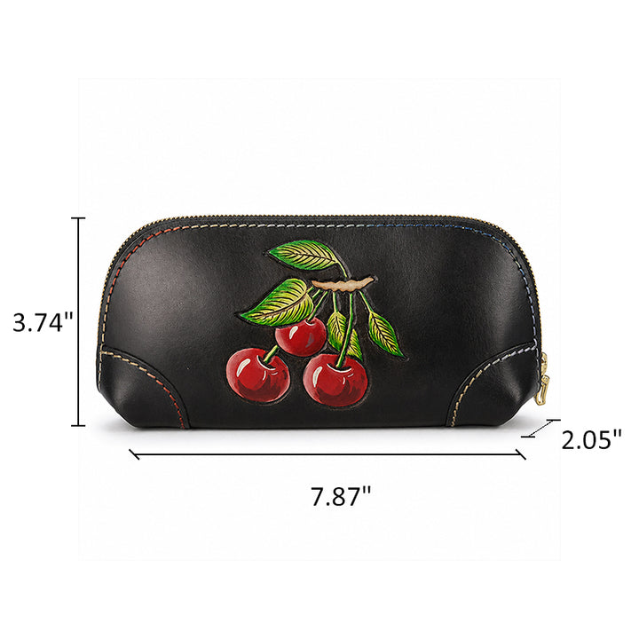 Hand-Tooled Cherry Leather Clutch Bag with Detachable Crossbody Strap