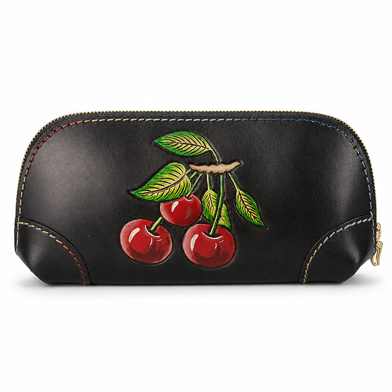 Hand-Tooled Cherry Leather Clutch Bag with Detachable Crossbody Strap