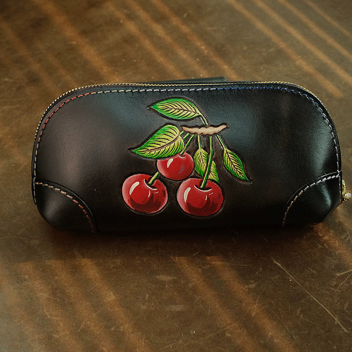 Hand-Tooled Cherry Leather Clutch Bag with Detachable Crossbody Strap
