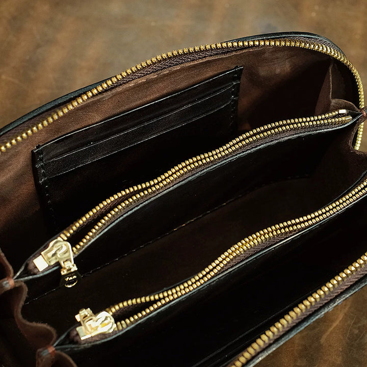 Hand-Tooled Cherry Leather Clutch Bag with Detachable Crossbody Strap