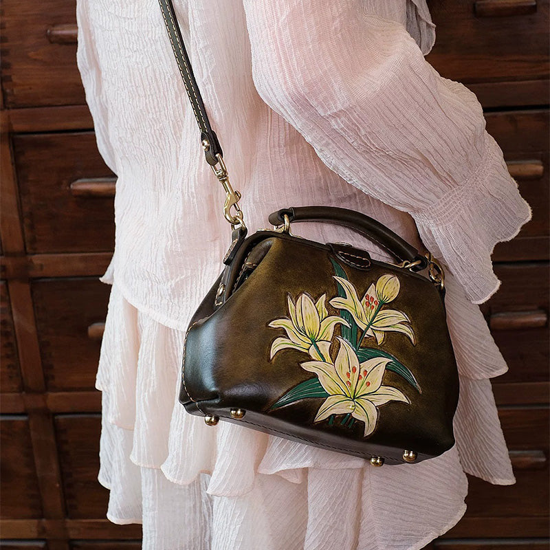 Hand-Tooled Leather Lily Doctor Bag Olive Brown Crossbody Purse