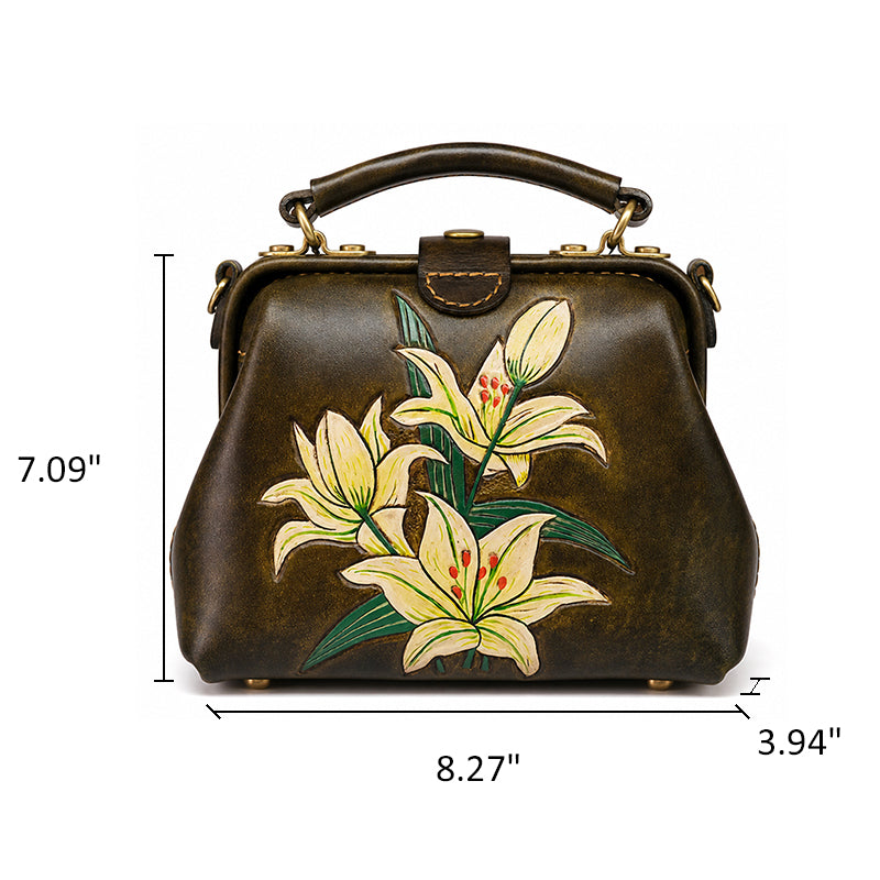 Hand-Tooled Leather Lily Doctor Bag Olive Brown Crossbody Purse