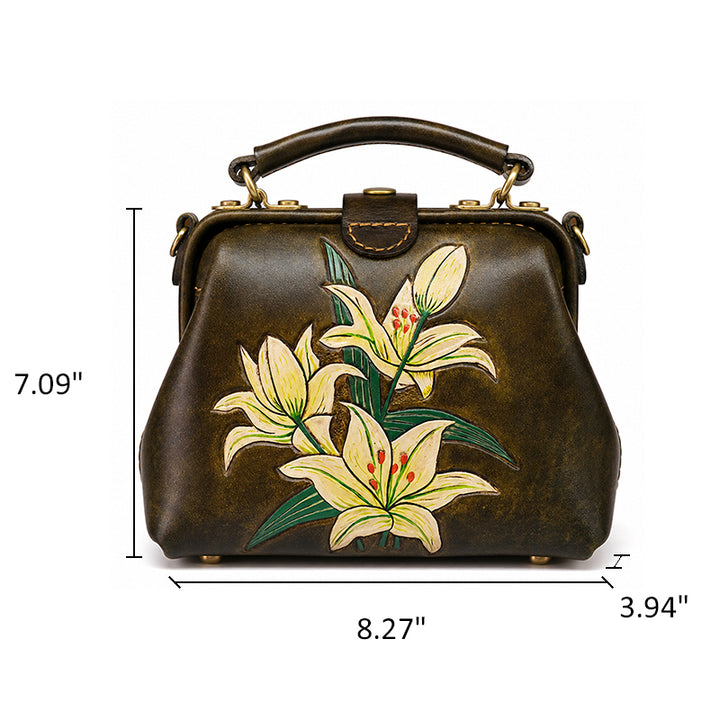 Hand-Tooled Leather Lily Doctor Bag Olive Brown Crossbody Purse