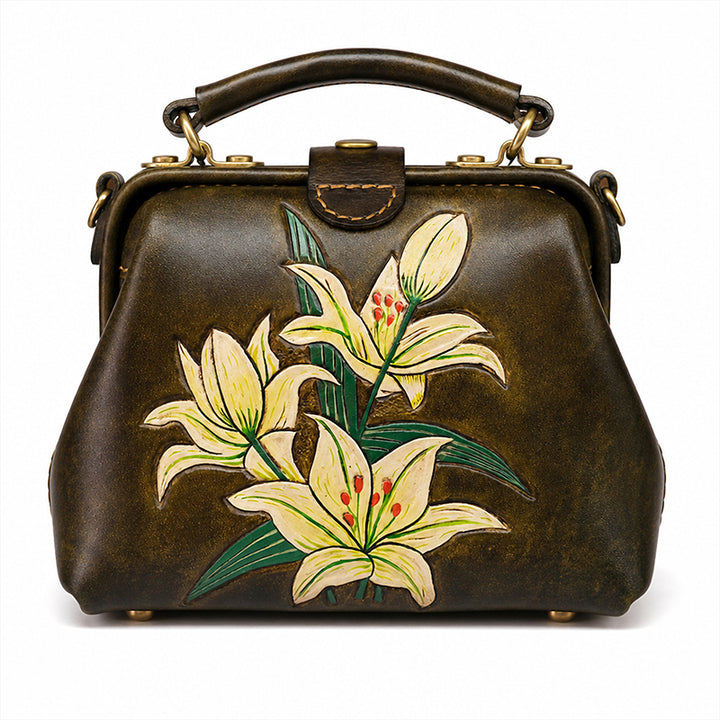Hand-Tooled Leather Lily Doctor Bag Olive Brown Crossbody Purse