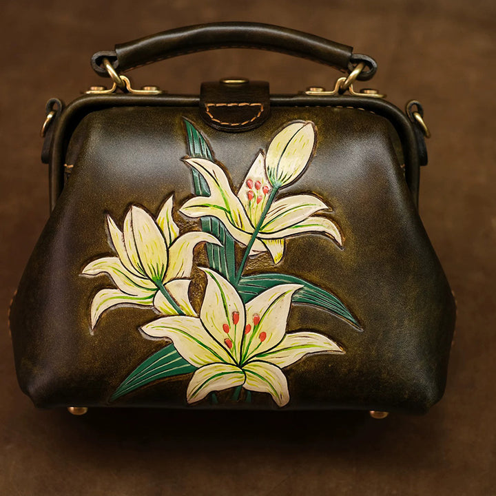 Hand-Tooled Leather Lily Doctor Bag Olive Brown Crossbody Purse