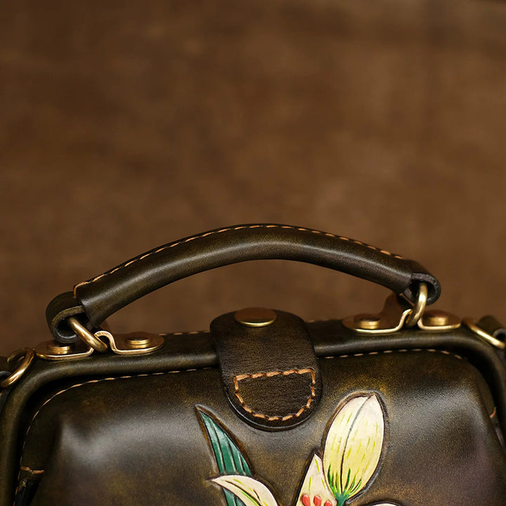 Hand-Tooled Leather Lily Doctor Bag Olive Brown Crossbody Purse
